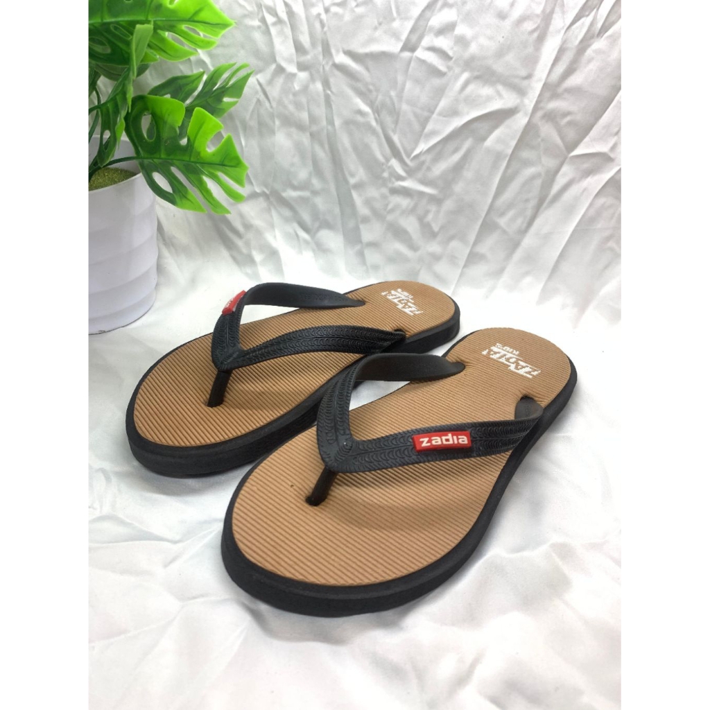 sandal jepit anak zadia kids oval bahan spon eva motif garis krem-hitam