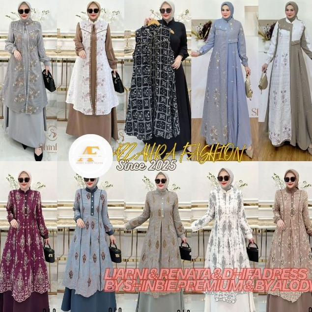 Dhifa Dress & Liarni Set Outer By Shinbie Catton Bordir Bolong Premium