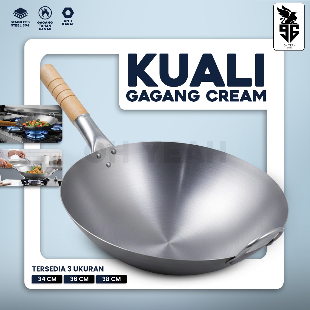 Wajan Kuali Stainless Steel Gagang Kayu Cream | Wajan Penggorengan Porsi Besar Industrial | Wajan Tu