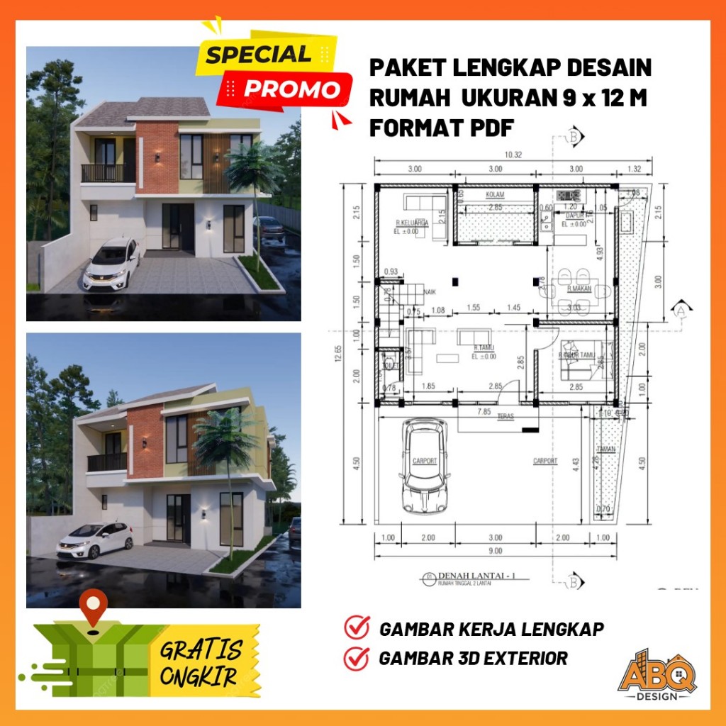Gambar Kerja Desain Rumah  2 Lantai Ukuran 9 x 12 meter 4 Kamar Tidur