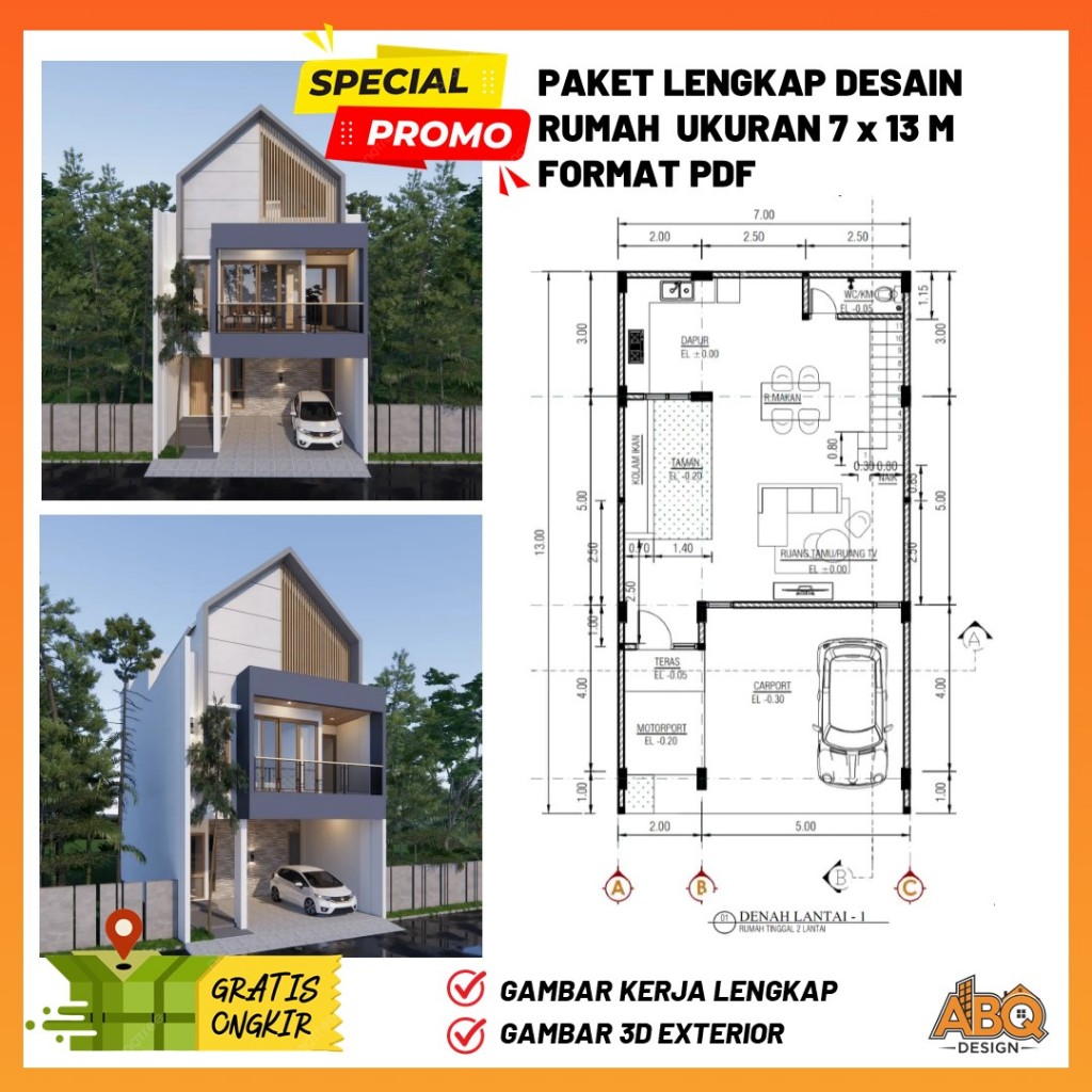 Gambar Kerja Desain Rumah  3 Lantai Ukuran 7 x 13 meter 4 Kamar Tidur