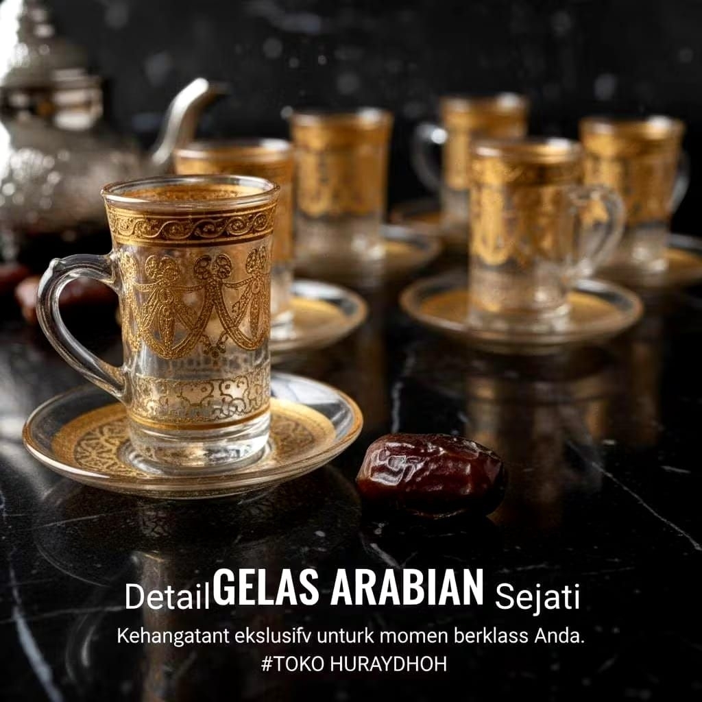 Set Gelas + Tatakan Teh & Kopi Arabian 6Pcs Gold Premium - Cangkir Kristal Khas Turki & Arab Mewah -