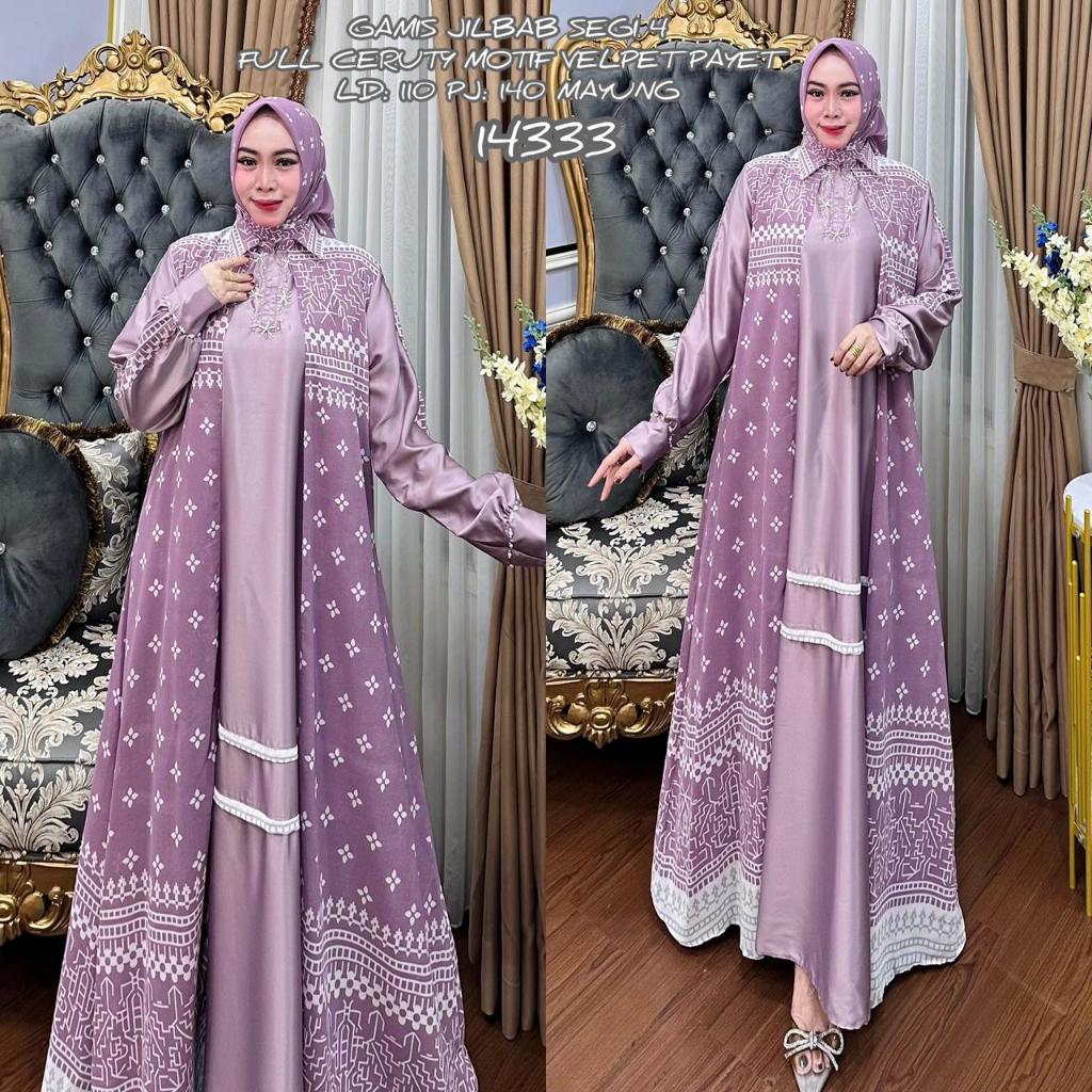 KD 14333 (isi 2) ASYA Gamis Jilbab Segi Empat Full Ceruty Motif Velpet Payet Lebar Mayung Syari Hija