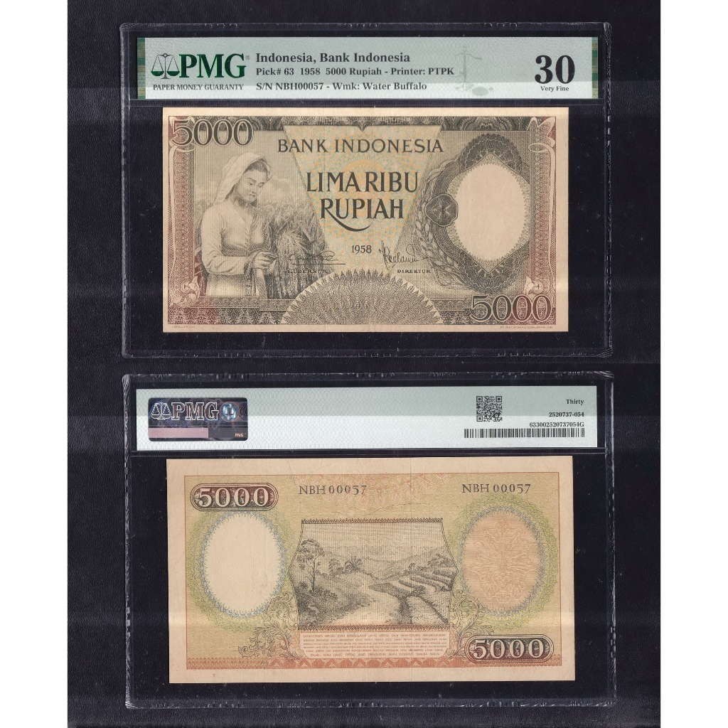 Uang kuno PMG 30 - 5000 rupiah tahun 1958 seri Pekerja-1 S/N : NBH 00057
