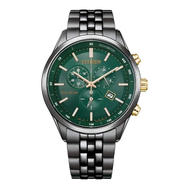 Jam Tangan CITIZEN Eco-Drive Pria Original CTZ AT2576-50X Chronograph Green Dial Black Stainless Ste