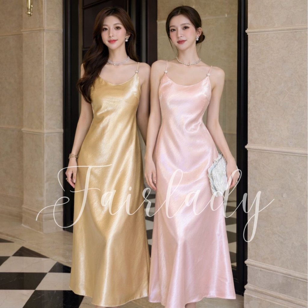[READY STOCK FAIRLADY] Iora Pearl Party Dress Gold/Pink Maxi Pesta Satin Korean Style Dress Mewah El