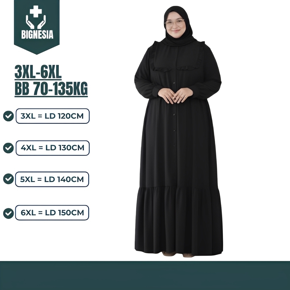 Gamis Wanita Jumbo Baju Lebaran Crinkle Premium LD 120 130 140 150 Abaya Hitam Mewah Elegan