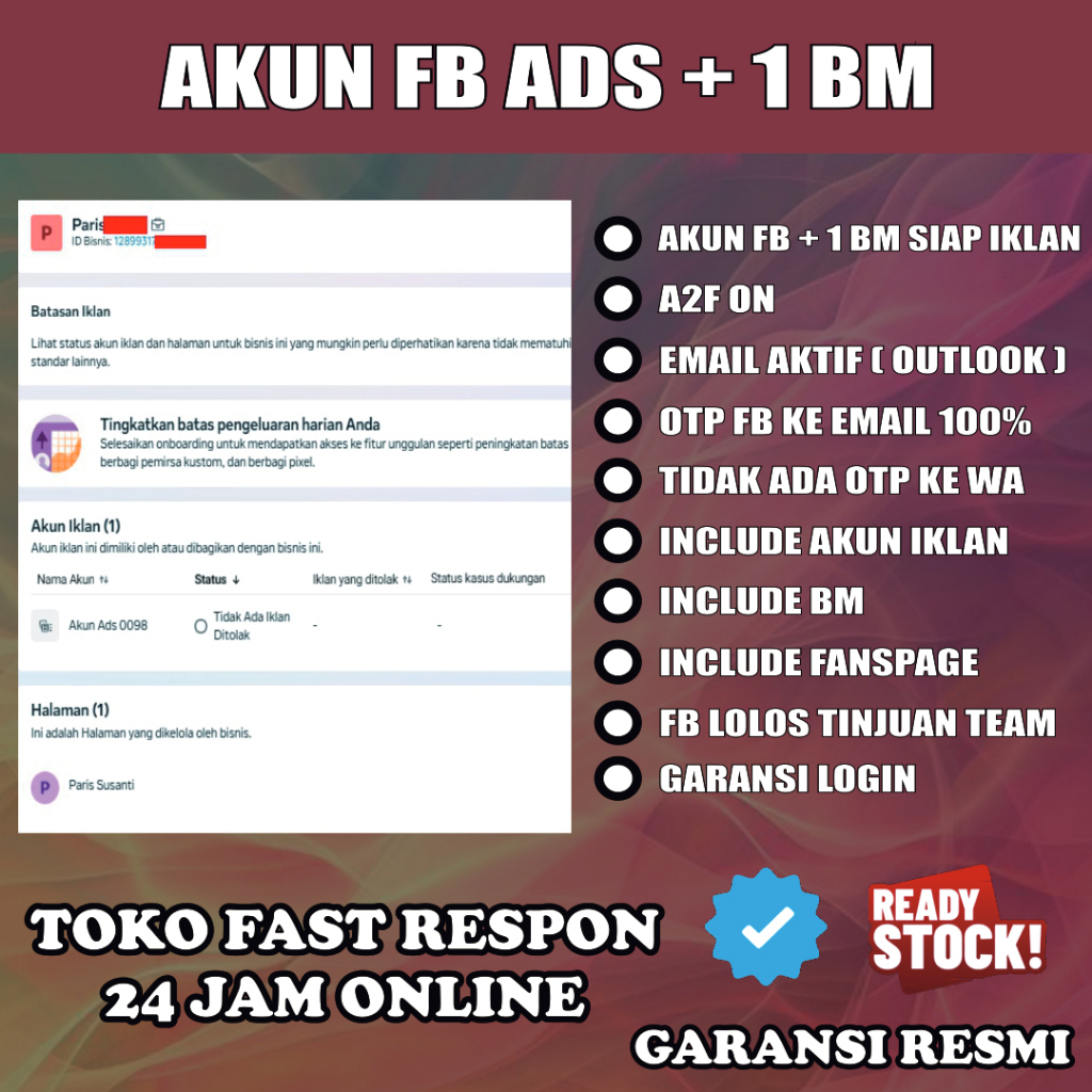 Personal Ads + 1 BM Bergaransi Akun FB Rawatan + OTP Email Aktif