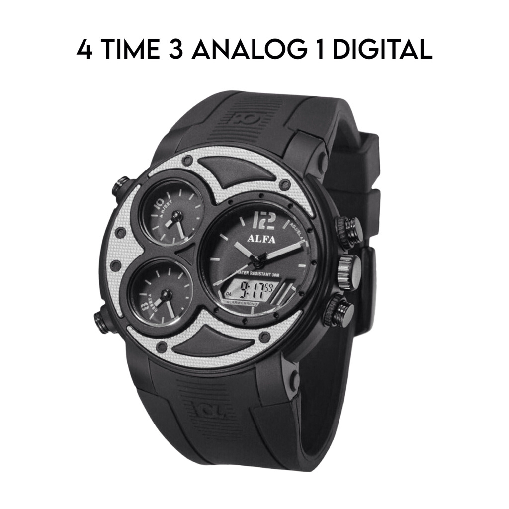 Jam Tangan Pria ALFA 880047 Sport 4 Time Analog Digital Anti Air Karet Hitam Original