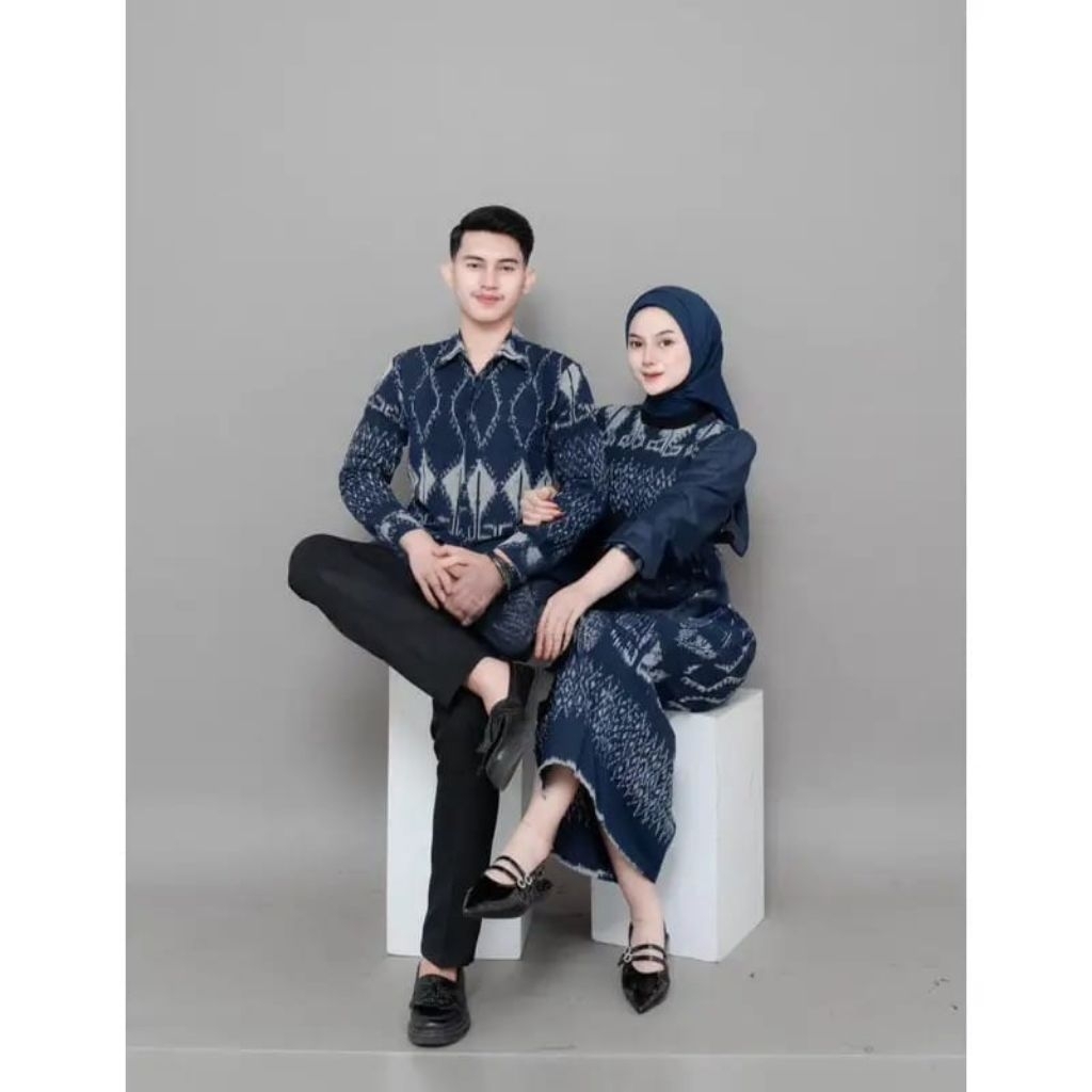SET COUPLE TENUN BAJU TENUN COUPLE NAVY SET COUPLE KONDANGAN DRESS TENUN KEKINIAN GAMIS BATIK COUPLE