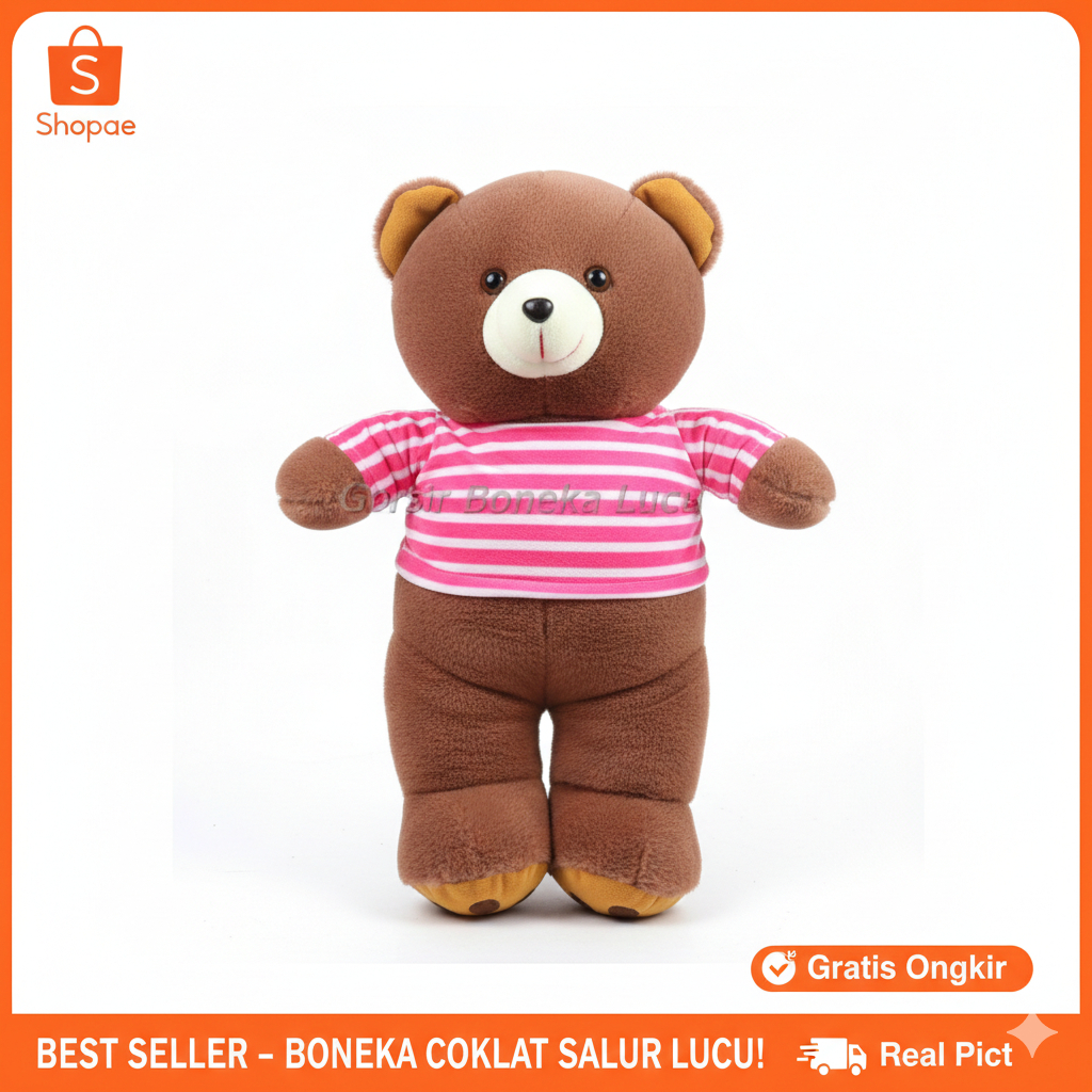 Boneka Teddy Bear Baju Garis Ukuran L 45cm Kain Lembut, Empuk, Bisa Dicuci untuk mainan kado anak