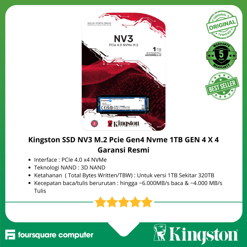 Kingston SSD NV3 M.2 Pcie Gen4 Nvme 1TB GEN 4 X 4 Garansi Resmi