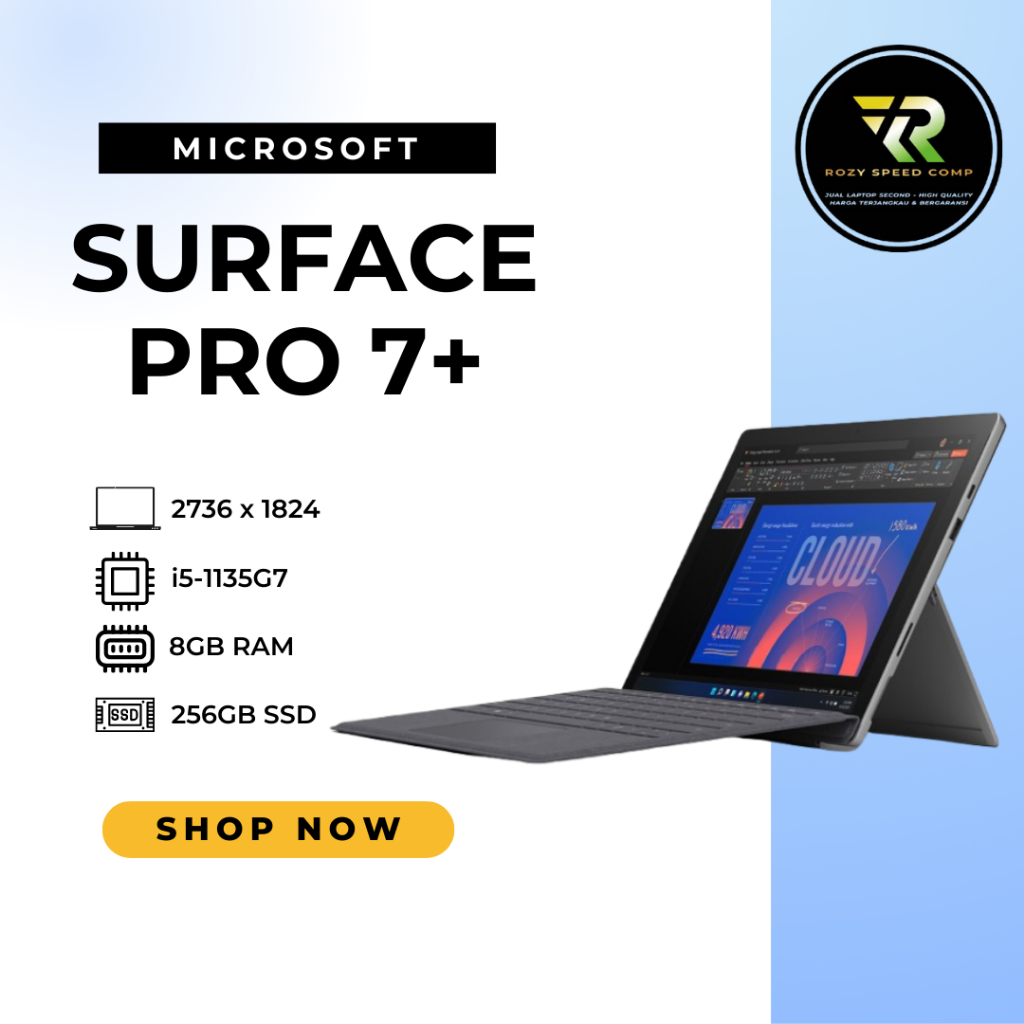 Microsoft Surface Pro 7+ i5 1135G7 RAM 8GB SSD 256GB 12.3" Touchscreen 2-in-1 Layar PixelSense Displ