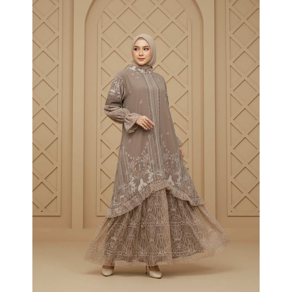 Gamis Muslimah Brokat Elegan Motif Floral White Label | Zafira Dress Warna Coffee Allsize | Elegant 