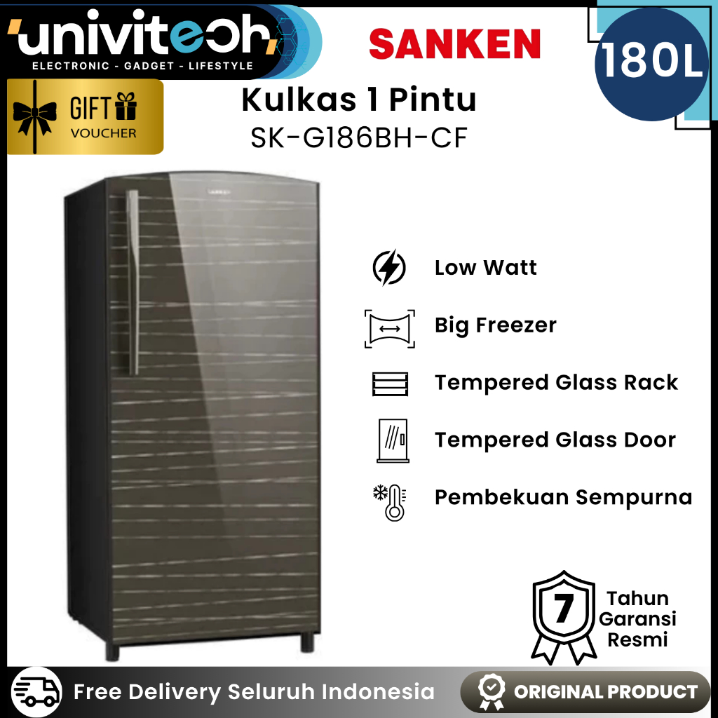 Sanken Kulkas 1 Pintu 190 Liter SK G186BH/CH Low Watt Pintu Kaca Rak Kaca Big Freezer Fast Freezing