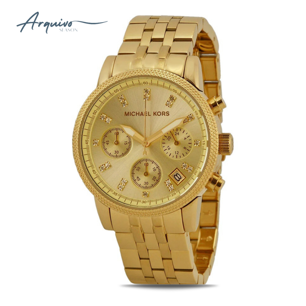 Jam Tangan Michael Kors Wanita Runway Chronograph Gold Stainless Steel Mewah Original MK5676