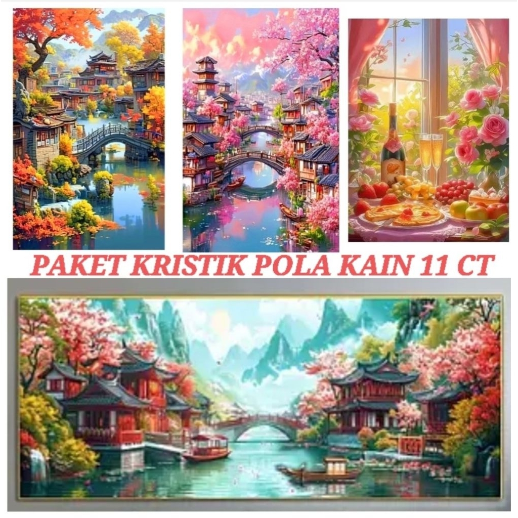 DIY PAKET KRISTIK PEMANDANGAN BUNGA SAKURA POLA KAIN CROSS STITCH KIT 11CT