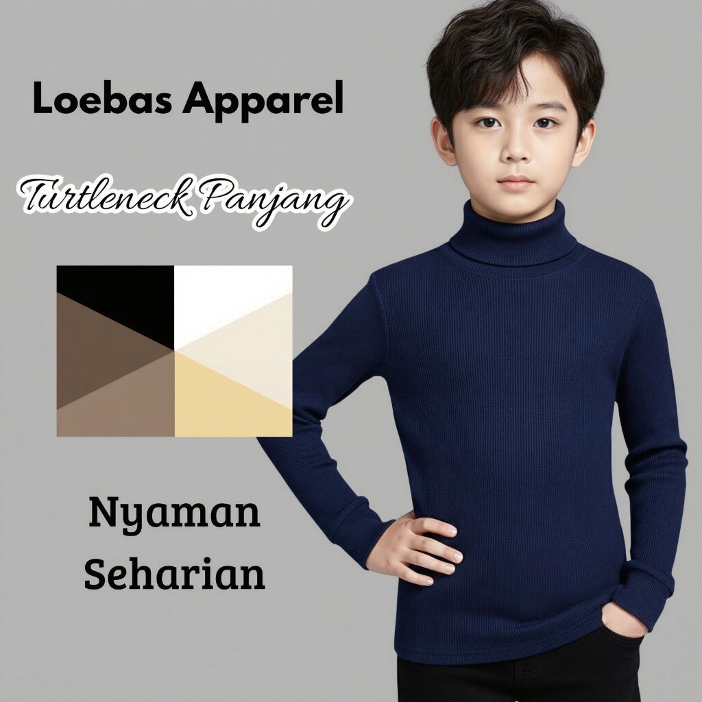 Sweater Rajut Turtleneck Anak - anak Umur 4 sampai 12 tahun / Kaos Rib Kerah Tinggi Anak Laki - laki