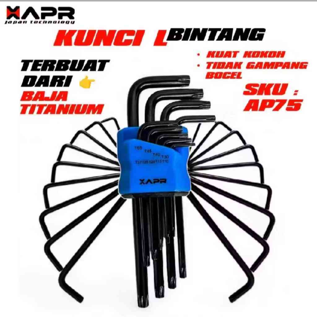 APR Kunci L Bintang HITAM Set Panjang AP75 CR-V Baja Titanium Anti Melenyot Anti Patah Chrome Vanadi