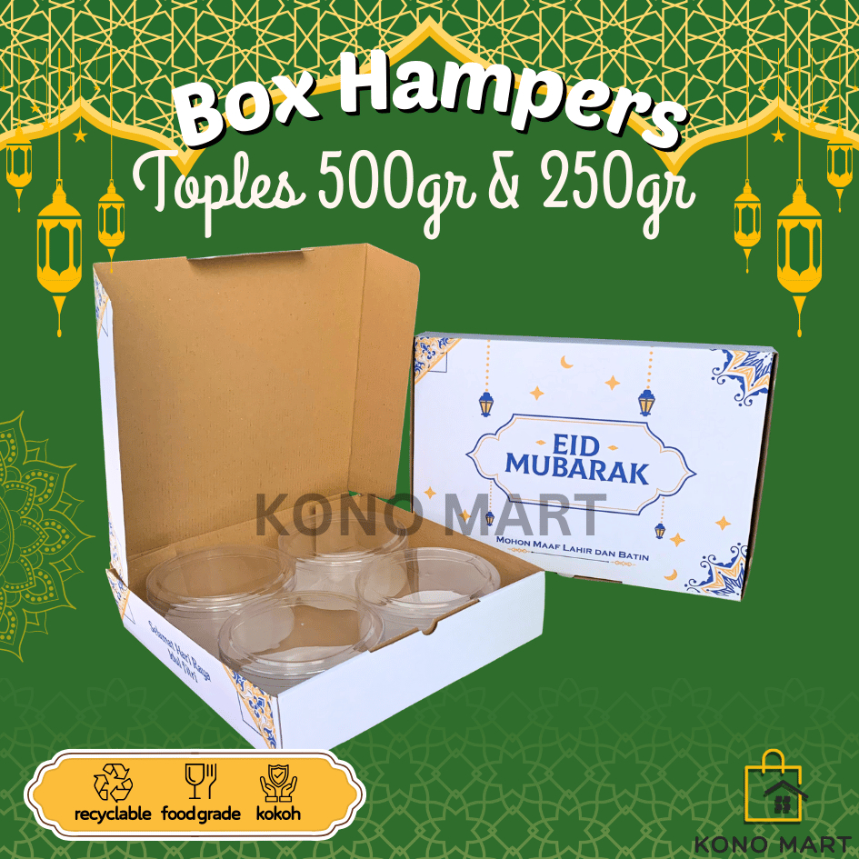 Box Hampers Lebaran Kue Kering Toples Bulat 250 500 gr isi 4 6 Dus Idul Fitri Souvenir Mukena Hijab