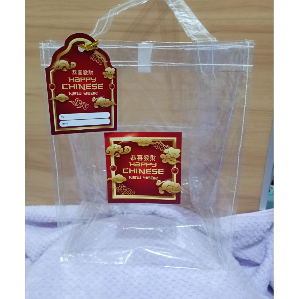 Tas mika imlek, tas hampers imlek, tas transparan imlek lengkap stiker dan hang tag