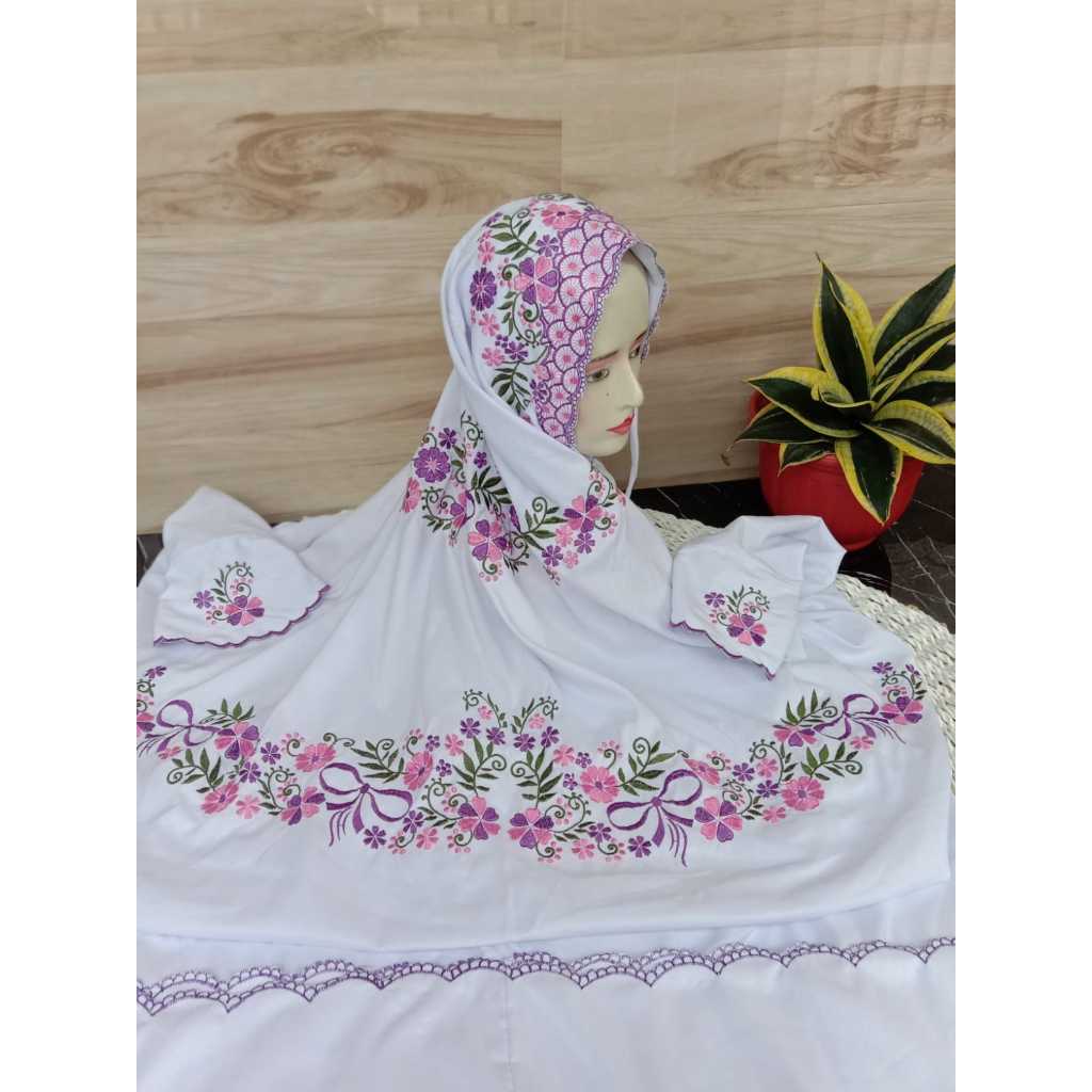 BEST SELLER Mukena Terusan Dewasa Premium Silk Katun Polino Mikro Putih | Bordir Komputer Rapi Motif