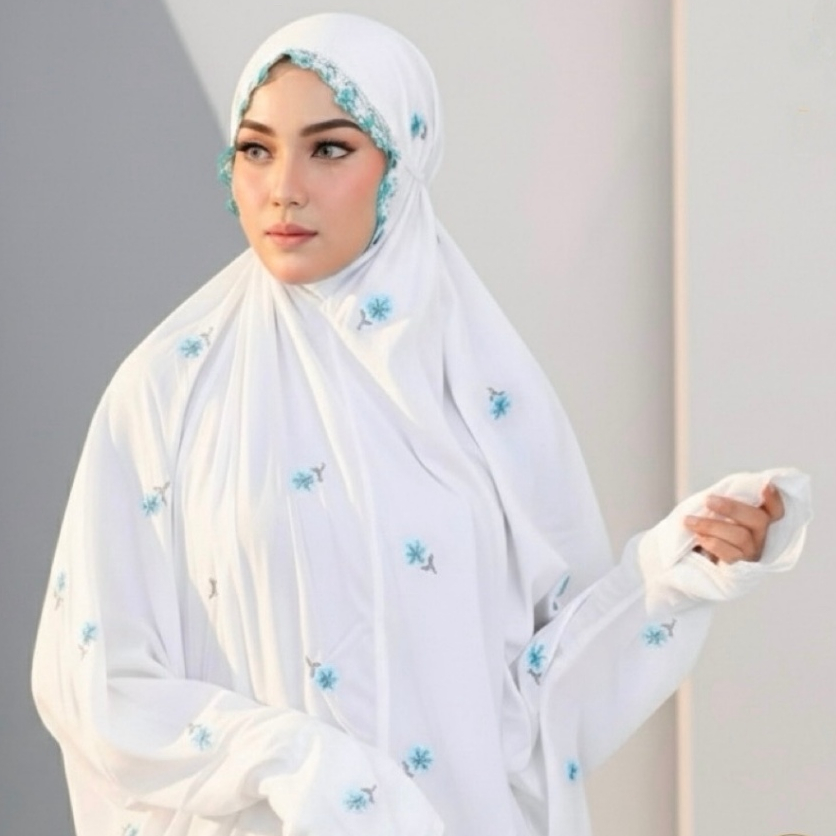 MUKENA TERUSAN SANTRI PUTIH - Bordir Seribu Bunga Dahi Kerut, Mukenah Lajuran Dewasa Remaja, Kain Ka