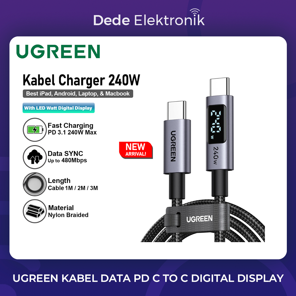Ugreen Kabel Data PD Type C to Type C Digital Display Fast Charging 240W Max 5A Nylon Braided