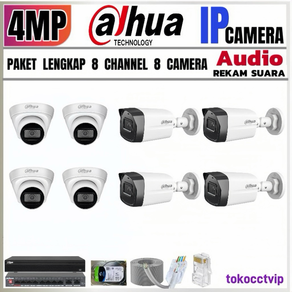 PAKET CCTV DAHUA  IP  KAMERA  4MP AUDIO  8 CH  8 KAMERA ( REKAM  SUARA ) KOMPLIT