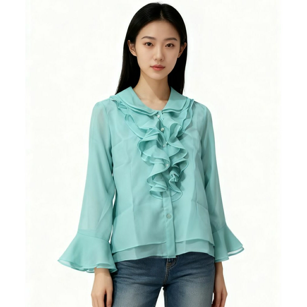 MANGO RUFFLE BLOUSE GREEN PASTEL KOREA ORIGINAL