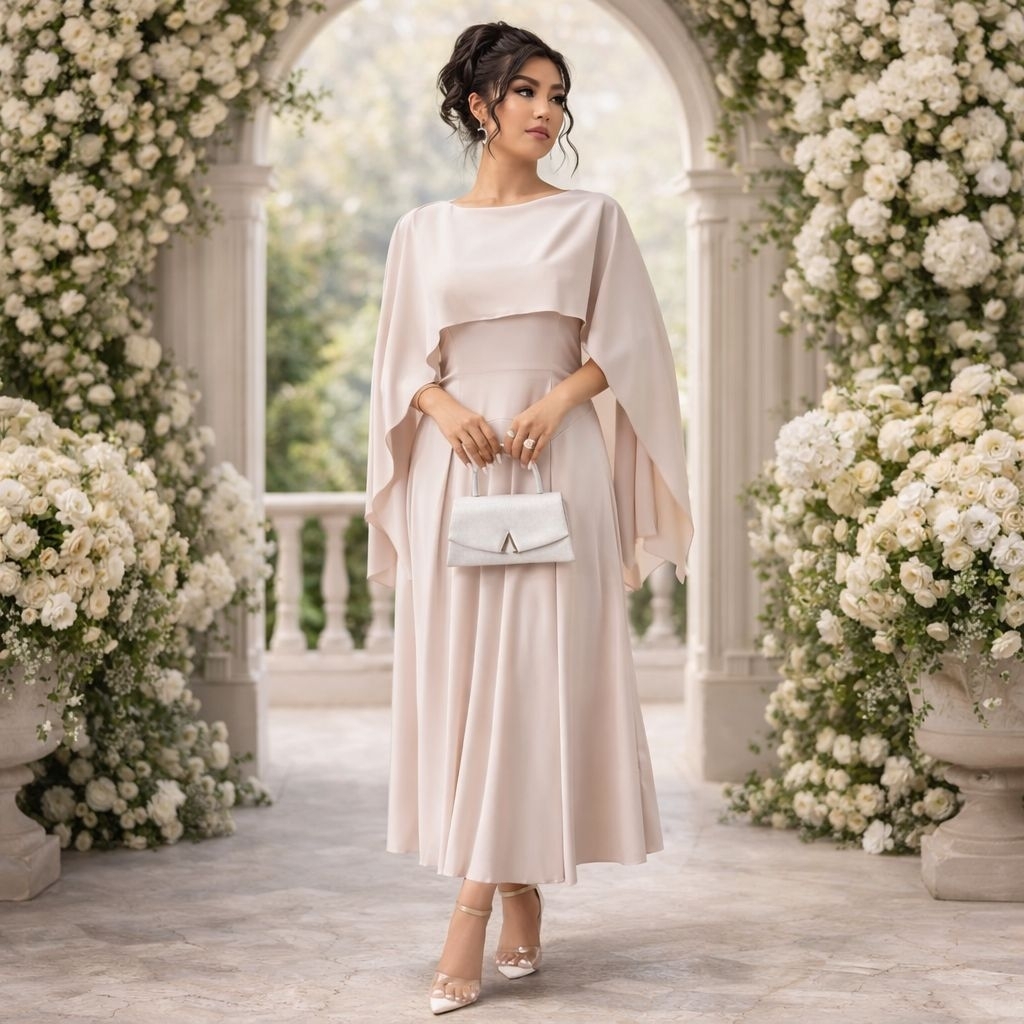 NIRINA GOWN - Dress Pesta Satin A line Maxi Cape Flare Long Dress Rok Mekar Big Size Jumbo Ukuran Be