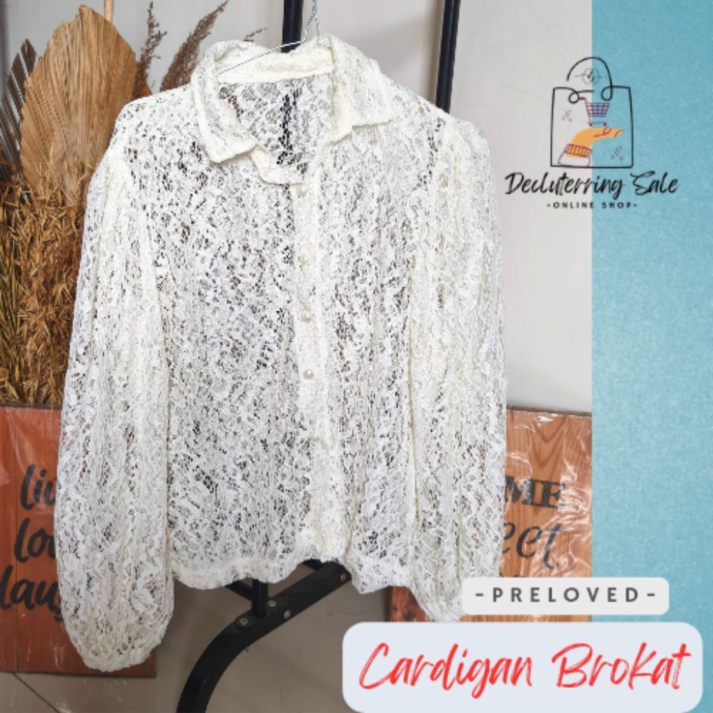 Cardigan Brokat Putih Preloved | Outer Lace Wanita Elegan | Size L
