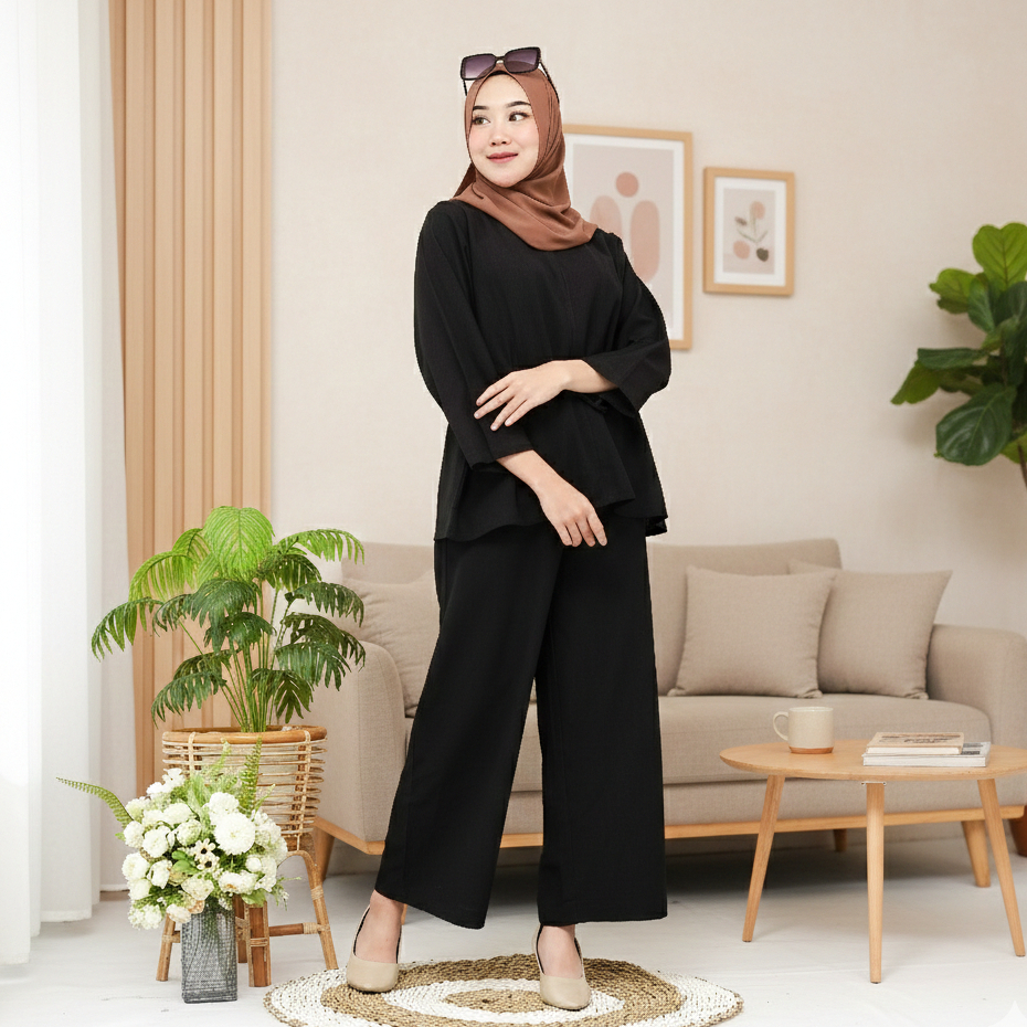 Distro - Eira One Set Blouse + Celana Kulot Wanita Kekinian Fre Belt