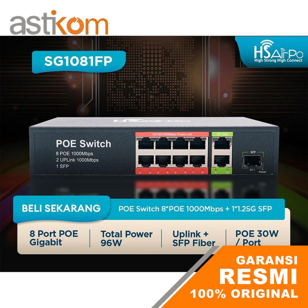 HSAirPo Switch Hub POE SG1081FP 8-Port POE Gigabit + 2 UPLink 1000Mbps + 1 SFP
