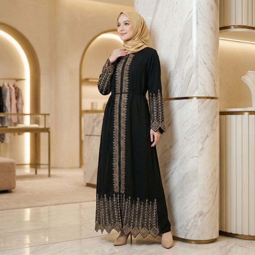 Gamis Elegan Farasya Maxy Dress SQ Bahan Jet Balck Premium Tebal Abaya Turkey LD 100-112 cm Size M L