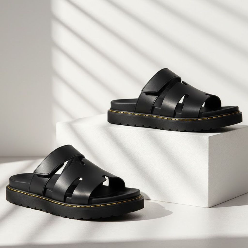 Navara Footwear - Sandal Pria Navara Full Black Kulit SIntetis Premium Acara Formal Casual Debonaire