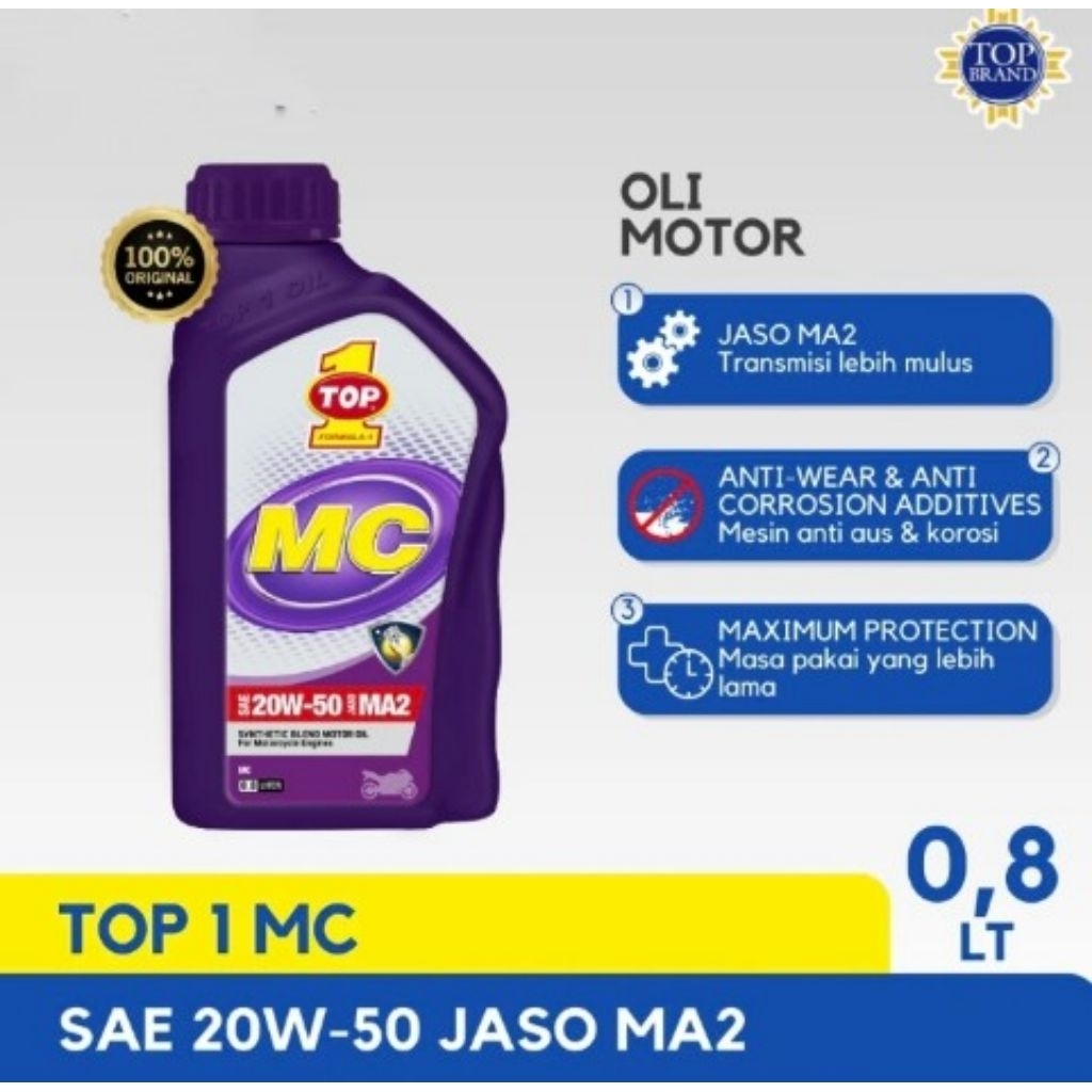 OLI MESIN 4TAK TOP 1 SAE 20W-50 JASO MA2 UNTUK SEMUA MOTOR  4TAK  YAMAHA HONDA SUZUKI KAWASAKI DENGA