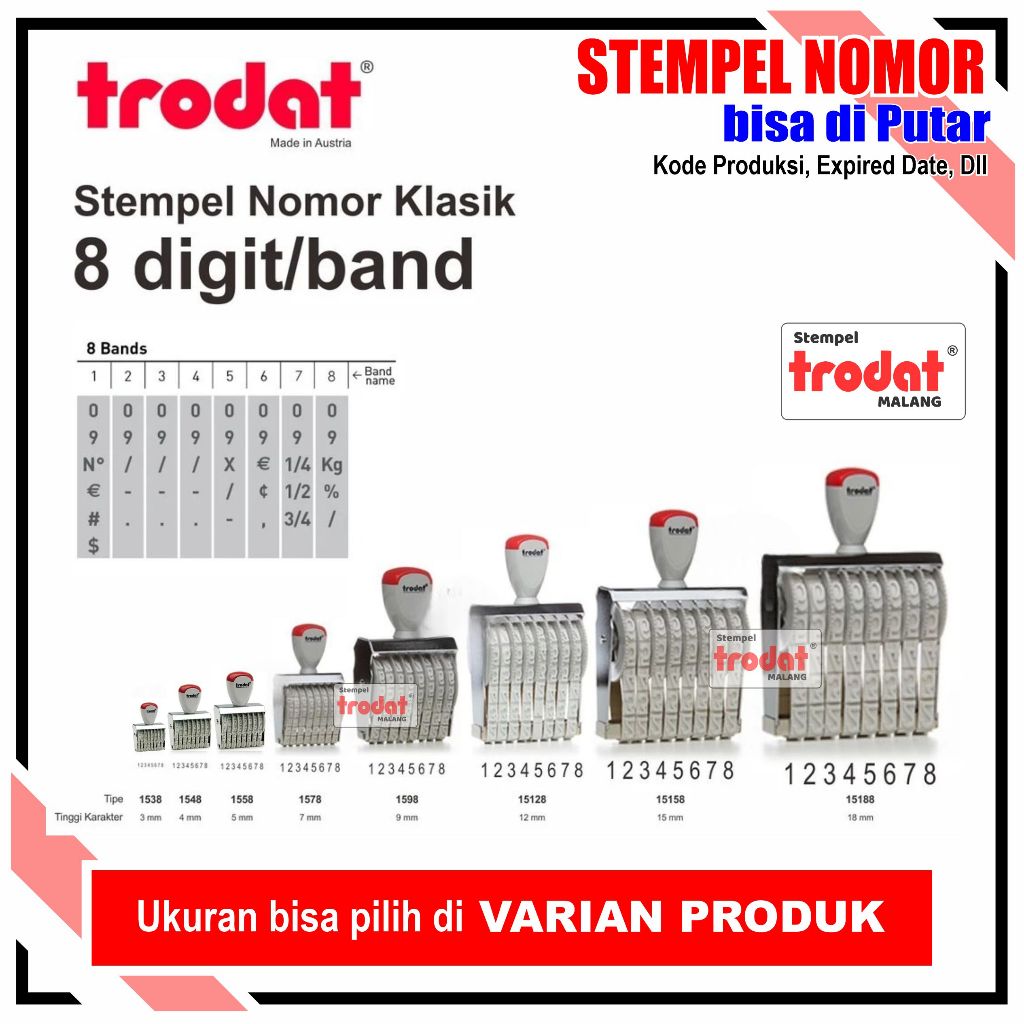 Stempel Nomor 8 DIGIT Trodat Klasik Berkualitas (ANGKA & SIMBOL  DIPUTAR) kode poduksi ,Expired date