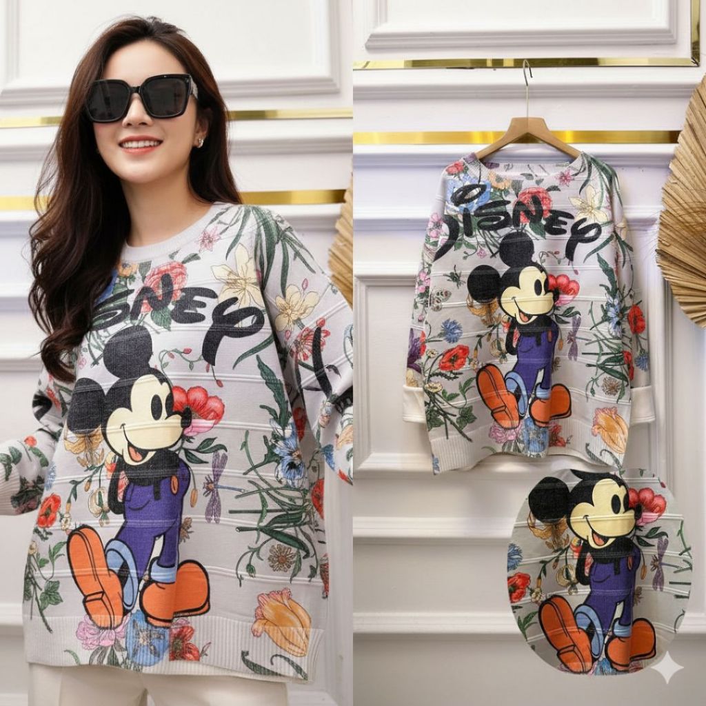 Kaos Rajut Import Tebal Oversize Wanita Motif Mickey | Knit Premium Lembut | Atasan Wanita Trendy