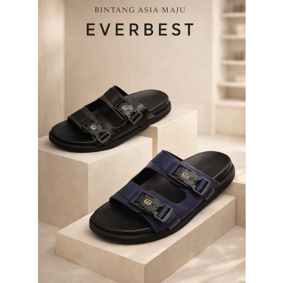 Sandal Kulit Pria Everbest Original Sendal Slide Tali Dua untuk Gaya Elegan Modern EM02