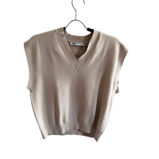 Preloved Zara Sweater - Cream Knitted V-Neck Sleeveless Boxy Sweater