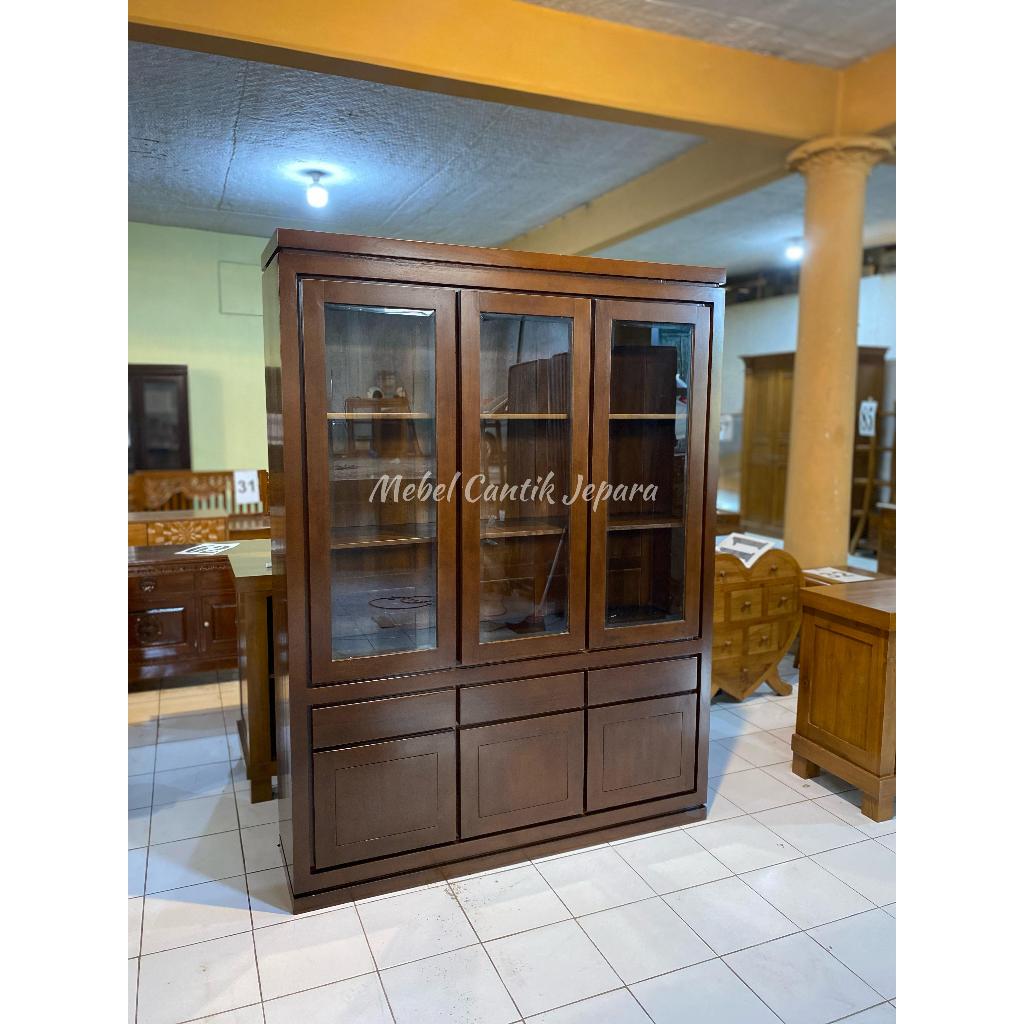 Lemari Hias Kaca 3 Pintu/Almari Pajangan Bahan Kayu Jati