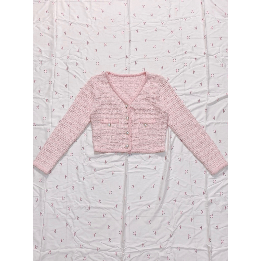 cardigan blazer rajut tweed crop top pink