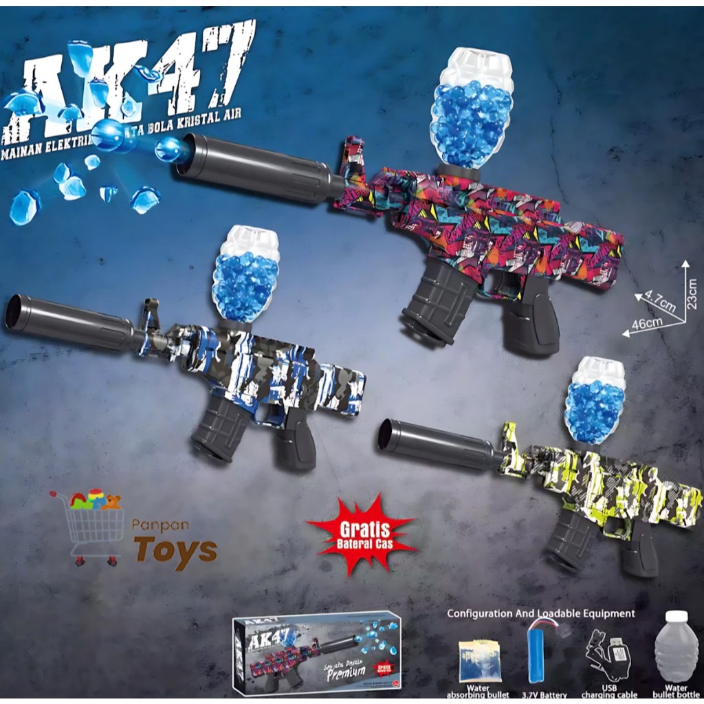 PanPanToys - Mainan Anak Gel Blaster AK47 Water Bubble Outdoor (Rechargeable, SNI)