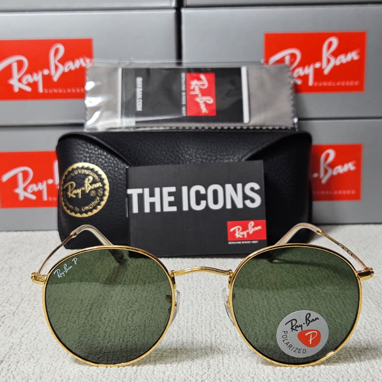 Kacamata Rayban Round Metal RB3447 001/58 Gold Lens Green Original