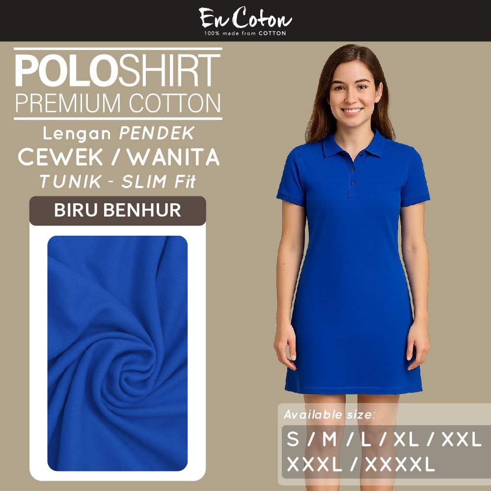 ENCOTON Kaos Kerah Polo Dress Tunik Terusan Wanita Cewek BIRU BENHUR Tangan Lengan Pendek