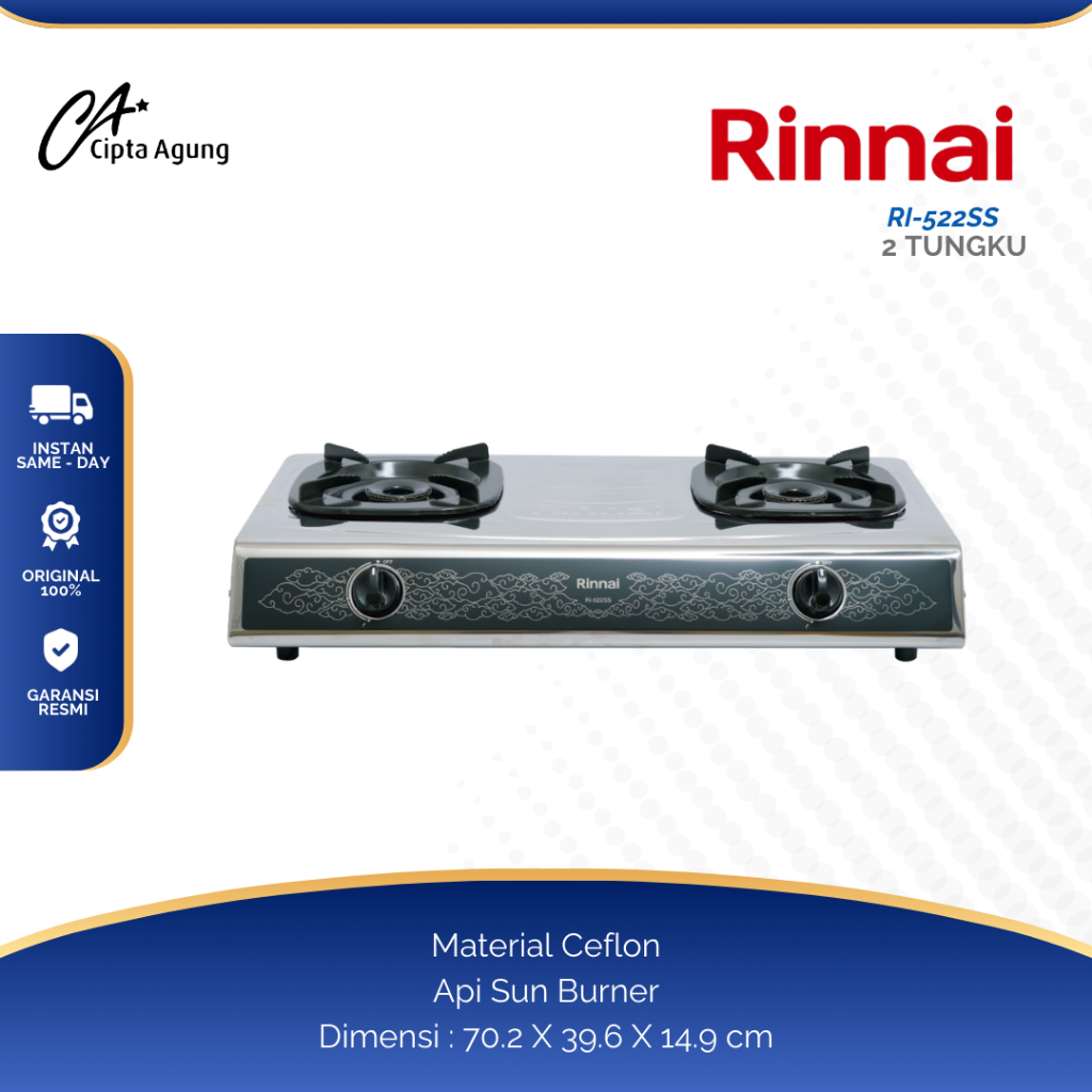 RINNAI KOMPOR GAS RINNAI RI522SS 2 TUNGKU RI-522-SS RI 522 SS RI-522SS RI 522SS ORIGINAL BERGARANSI 