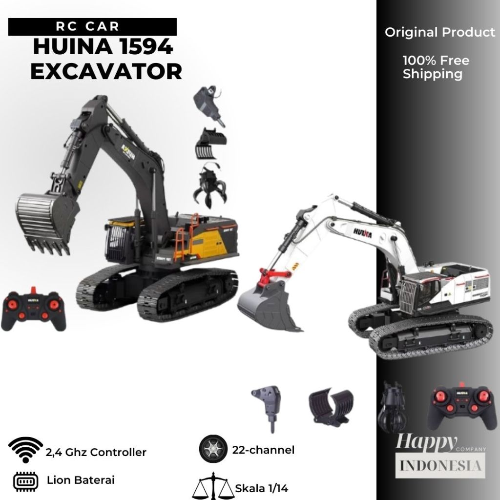 RC Huina 1594 Truk Excavator Alloy 2.4G 1/14 Grabber Drill Alat Berat eksavator