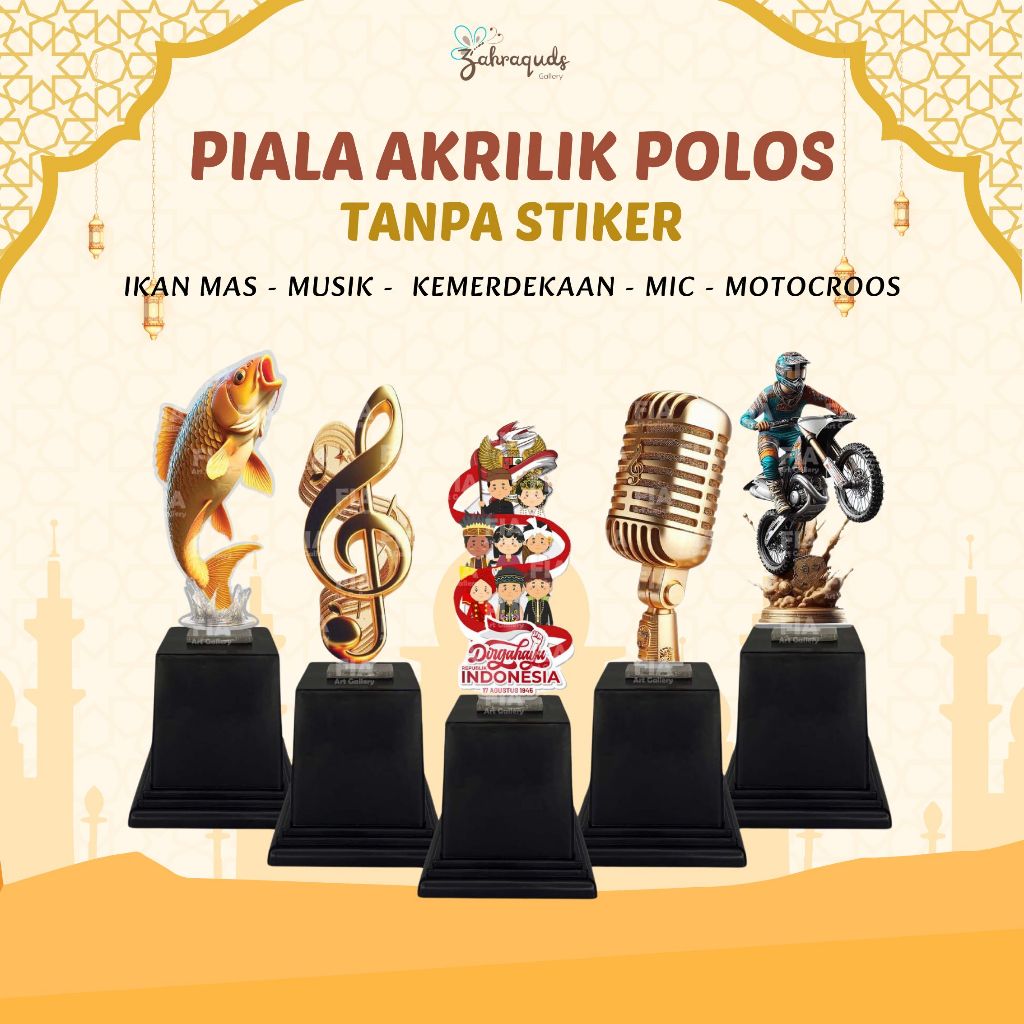 Piala Akrilik Kemerdekaan Agustusan+Ikan Mas / Carp+Motocross,+Musik,+Mic / Karaoke Trophy Piala, So
