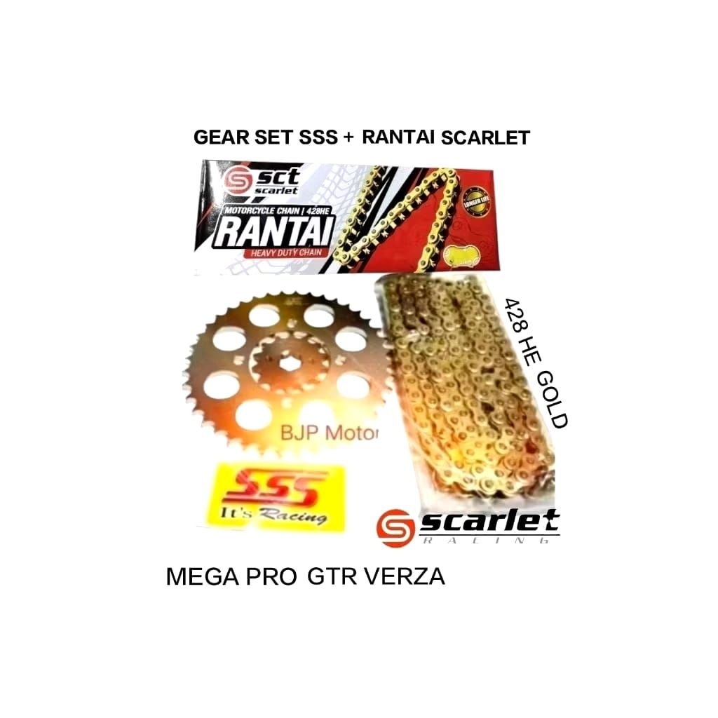 Gear Set SSS Verza Mega pro Sonic GTR tipe 428 4 hole Rantai Scarlet 428HE pilihan Gir depan dan bel